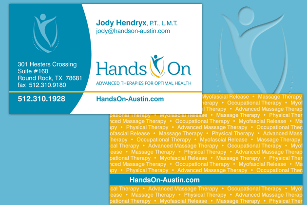 Hands On physical therapy business cards designed by TruBrand Marketing